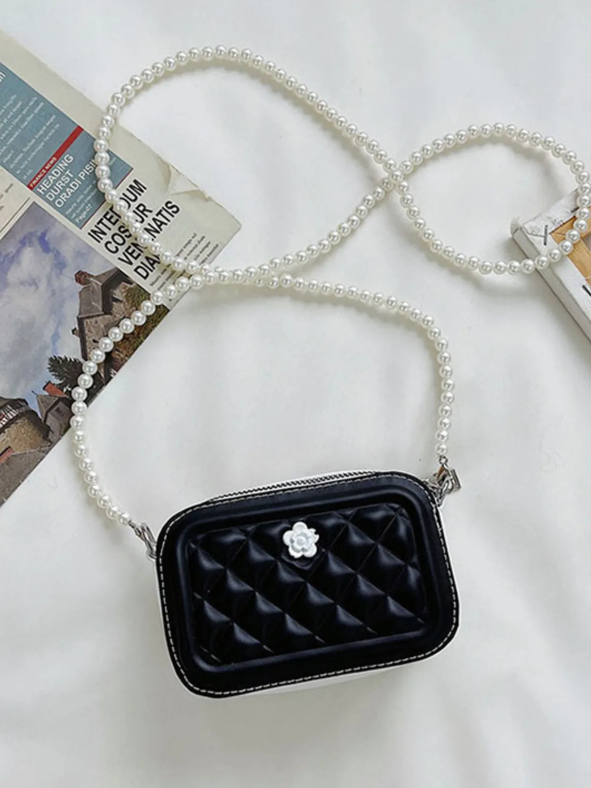 Gracefully Styled Pearl Strap Quilted Camera Crossbody Bag