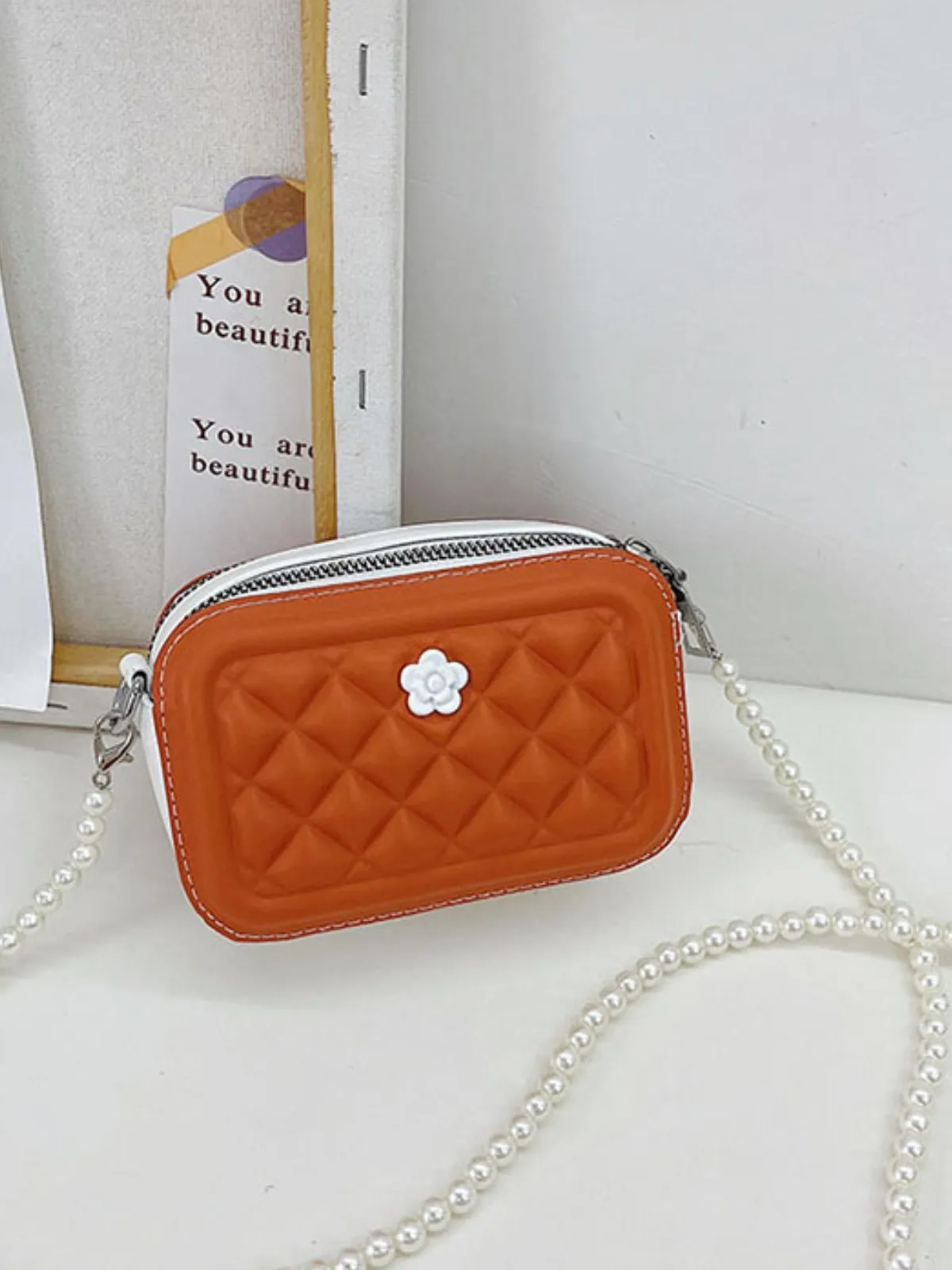 Gracefully Styled Pearl Strap Quilted Camera Crossbody Bag