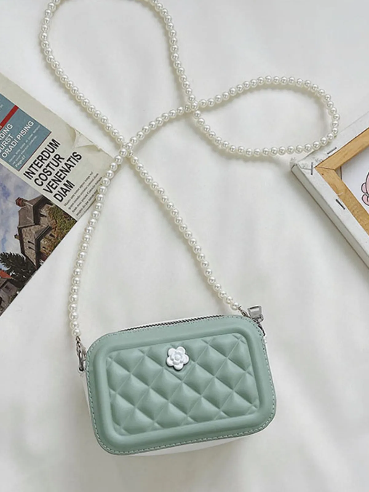 Gracefully Styled Pearl Strap Quilted Camera Crossbody Bag