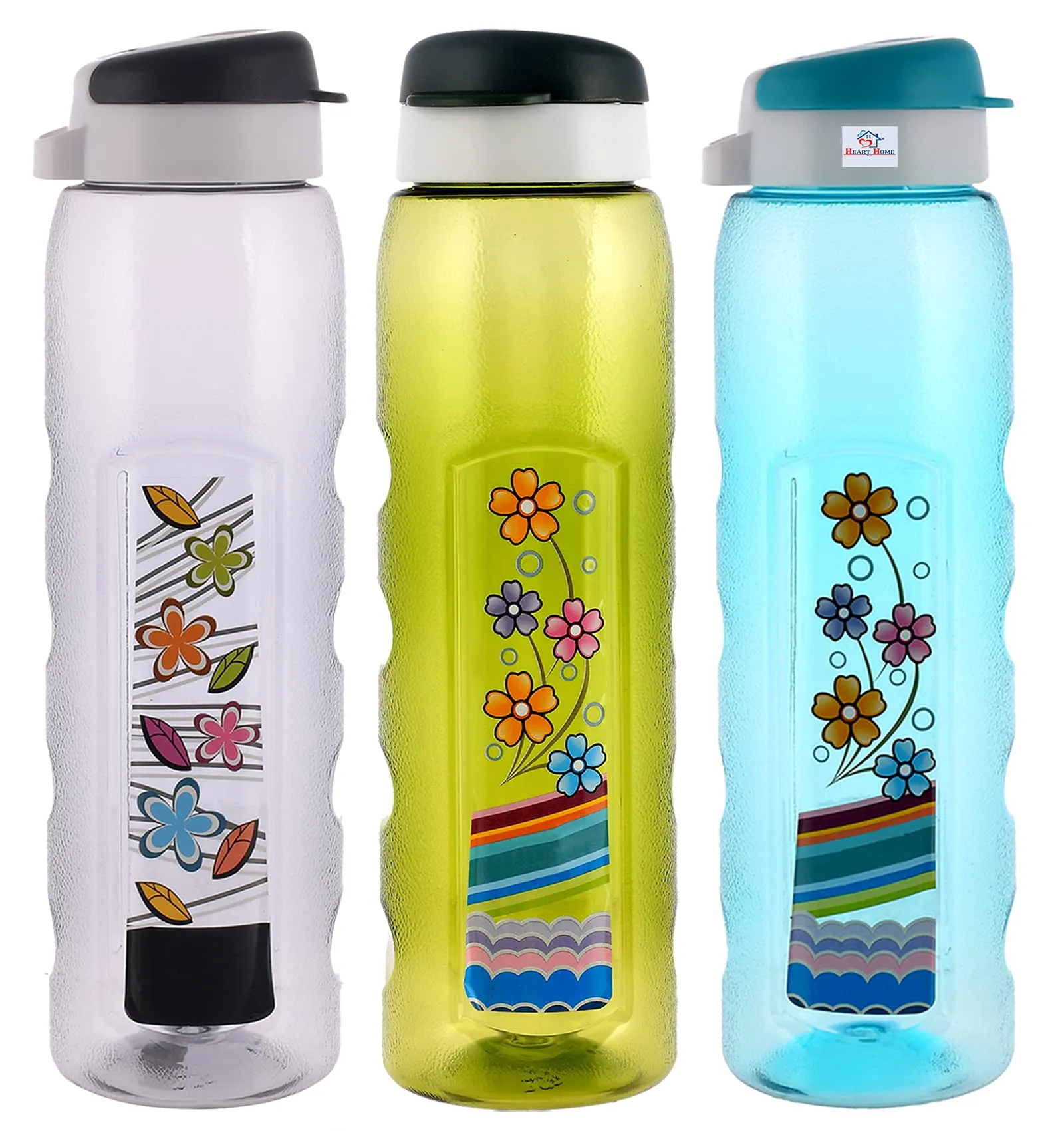 Heart Home Unbreakable BPA & Leak Free Plastic Water Bottle With Sipper- 1 Litre, Pack of 3 (Sky Blue & Green & Black)