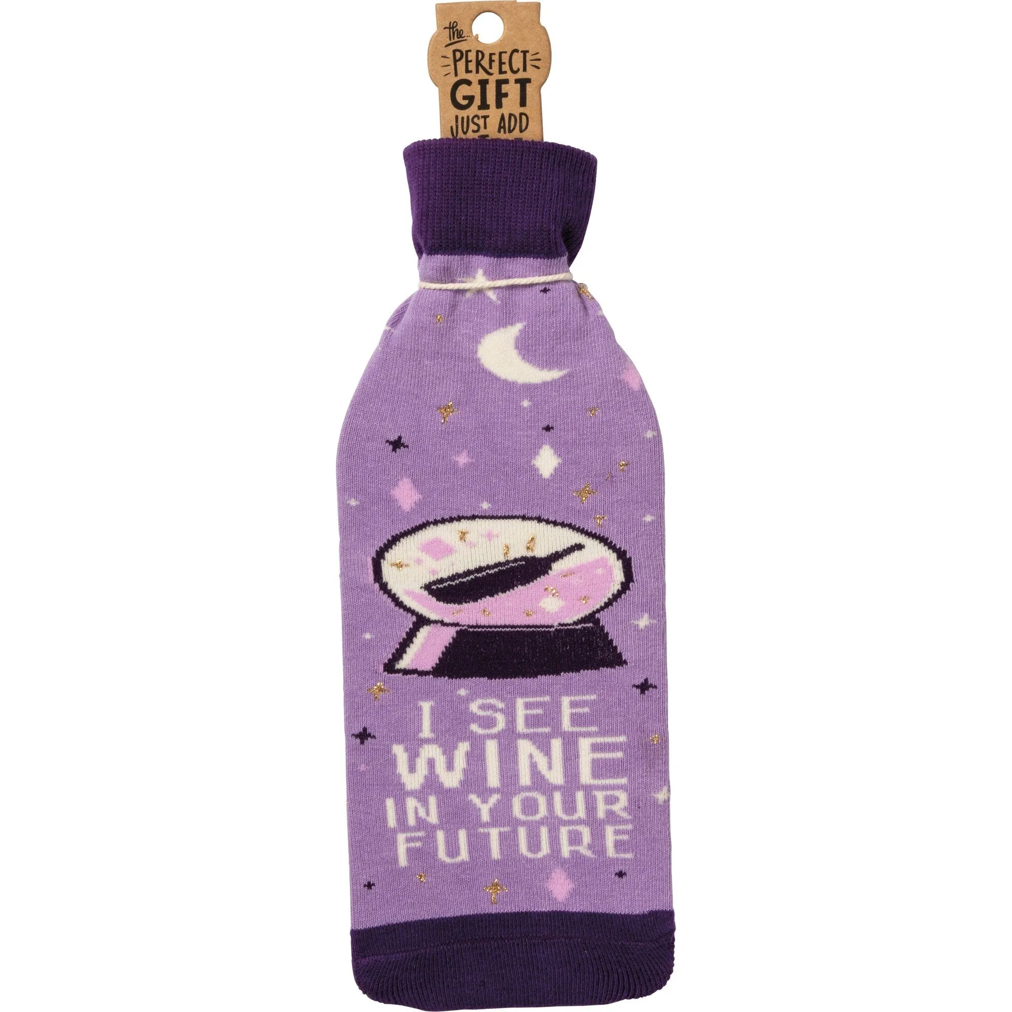 I See Wine In Your Future Knit Bottle Sock in Purple | Reusable Gift Bag for Gifting Wine