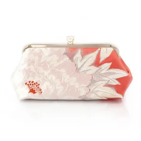 Japanese Kimono Peony Clutch Purse in Silver and Peach | Upcycled from vintage Japanese Obi