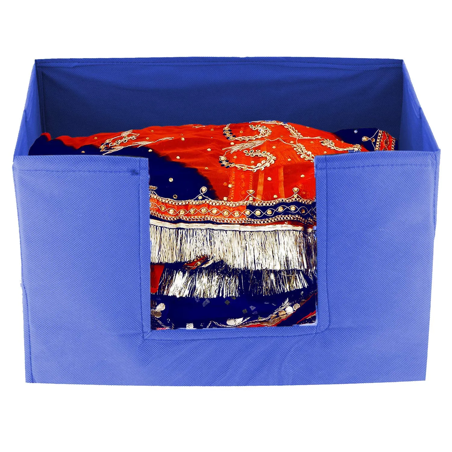 Kuber Industries 4 Pieces Large Capacity Space Saver Closet, Stackable and Foldable Saree, Clothes Storage Bag, Non-Woven Rectangle Cloth Saree Stacker Wardrobe Organizer (Royal Blue) CTKTC134603