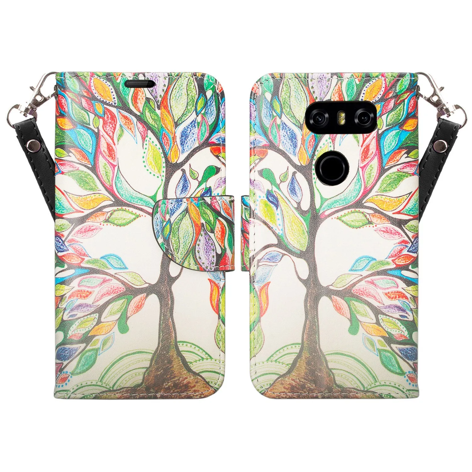 LG V30, V30 Plus, Magnetic Flip Fold [Kickstand] Wrist Strap Pu Leather Wallet Case Cover with Card Slots - Vibrant Tree