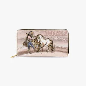 Long Type Zipper Purse, Howdy Cowgirl & Horse, Brunette Hair Brown Eyes