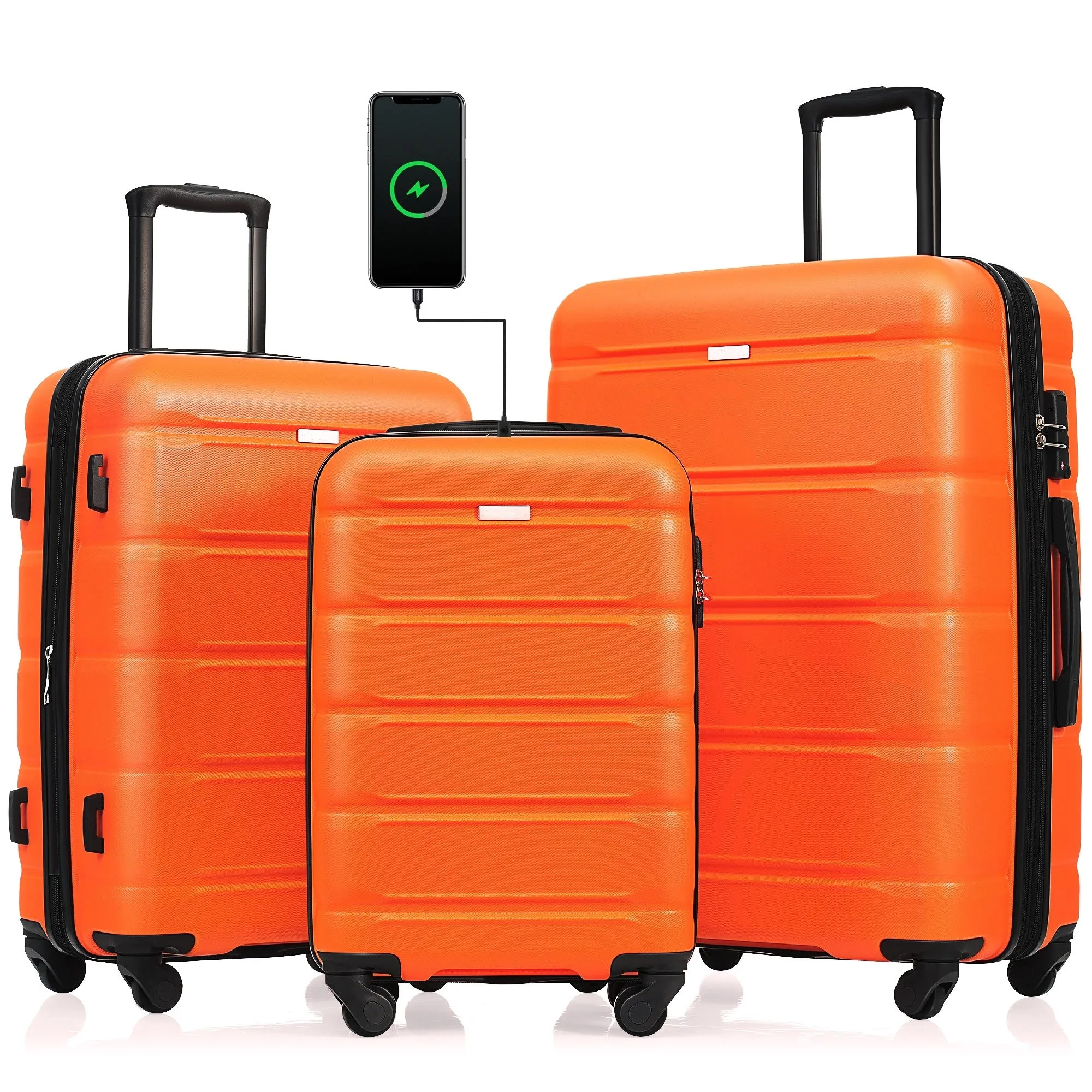 Luggage Set of 3, 20-inch with USB Port, Airline Certified Carry-on Luggage with Cup Holder, ABS Hard Shell Luggage with Spinner Wheels, orange