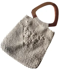 Macrame Natural Jute Handbag Double Wooden Handle circa 1970s