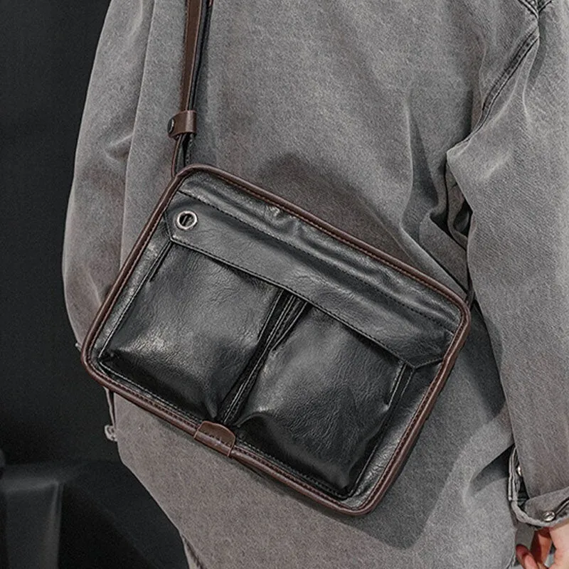 Men Double Layer Multi-pocket Crossbody Bags Fashion Casual Headphone Hole Design 14 Inch Laptop Bag Shoulder