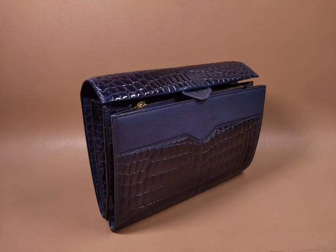 Mens Genuine Crocodile Leather High Shiny Gloss Baking Beads Clutch Bag Blue