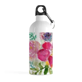 Mixed Pink Rose Water Bottle, Floral Print Stainless Steel 14 oz Designer Bottle- Printed in USA