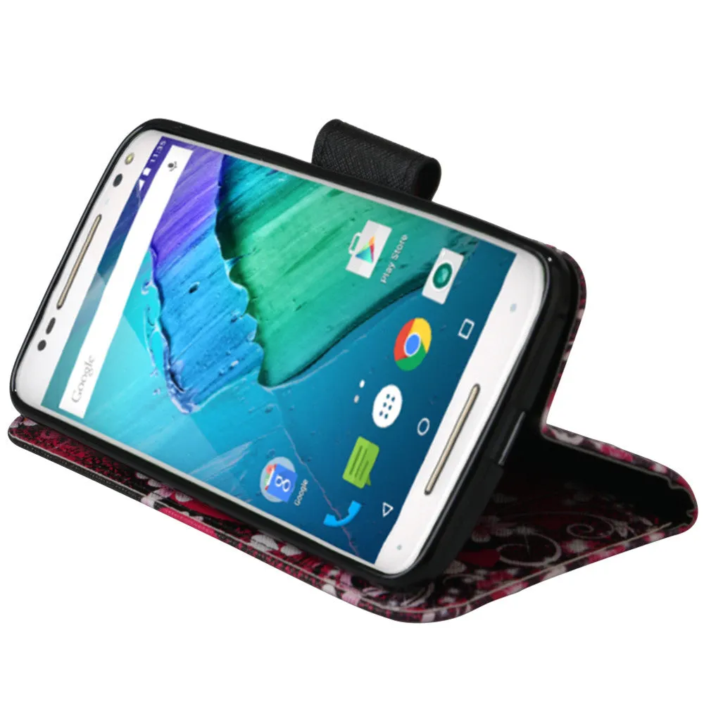 Motorola Moto X Style Case, Wrist Strap Magnetic Flip Fold[Kickstand] Pu Leather Wallet Case with ID & Card Slots - Heart Butterflies