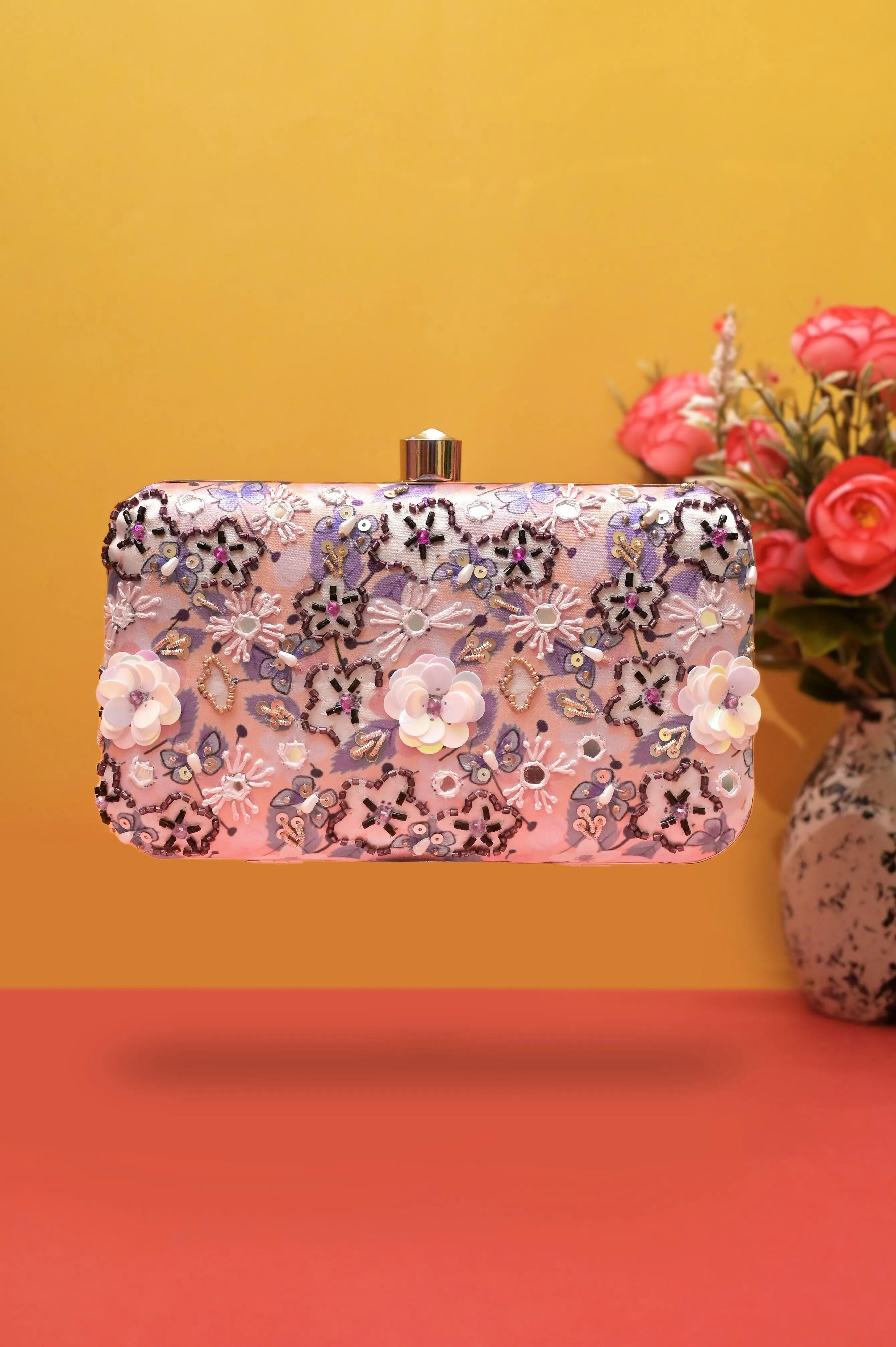 Pink Color Designer Clutch with Sequin Work and Mirror Embroidery