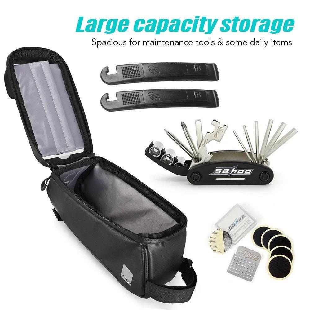 Portable Touch Screen Bike Repair Bag Waterproof Phone Bag with Touch Screen Sun Visor Phone Holder Cycling Tube Front Frame Bag with Maintenance Tool Bicycle Bag Cellphone Pouch