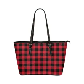 Red Buffalo Plaid Tote Bag Purse, Black Check Checkered Print Handbag Vegan Leather Zip on Top Designer Handmade Shoulder Ladies Women