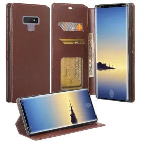 Samsung Galaxy Note 9 Case, SM-N960U, Slim Flip Folio [Kickstand] Pu Leather Wallet Case with ID & Card Slots & Pocket - Brown