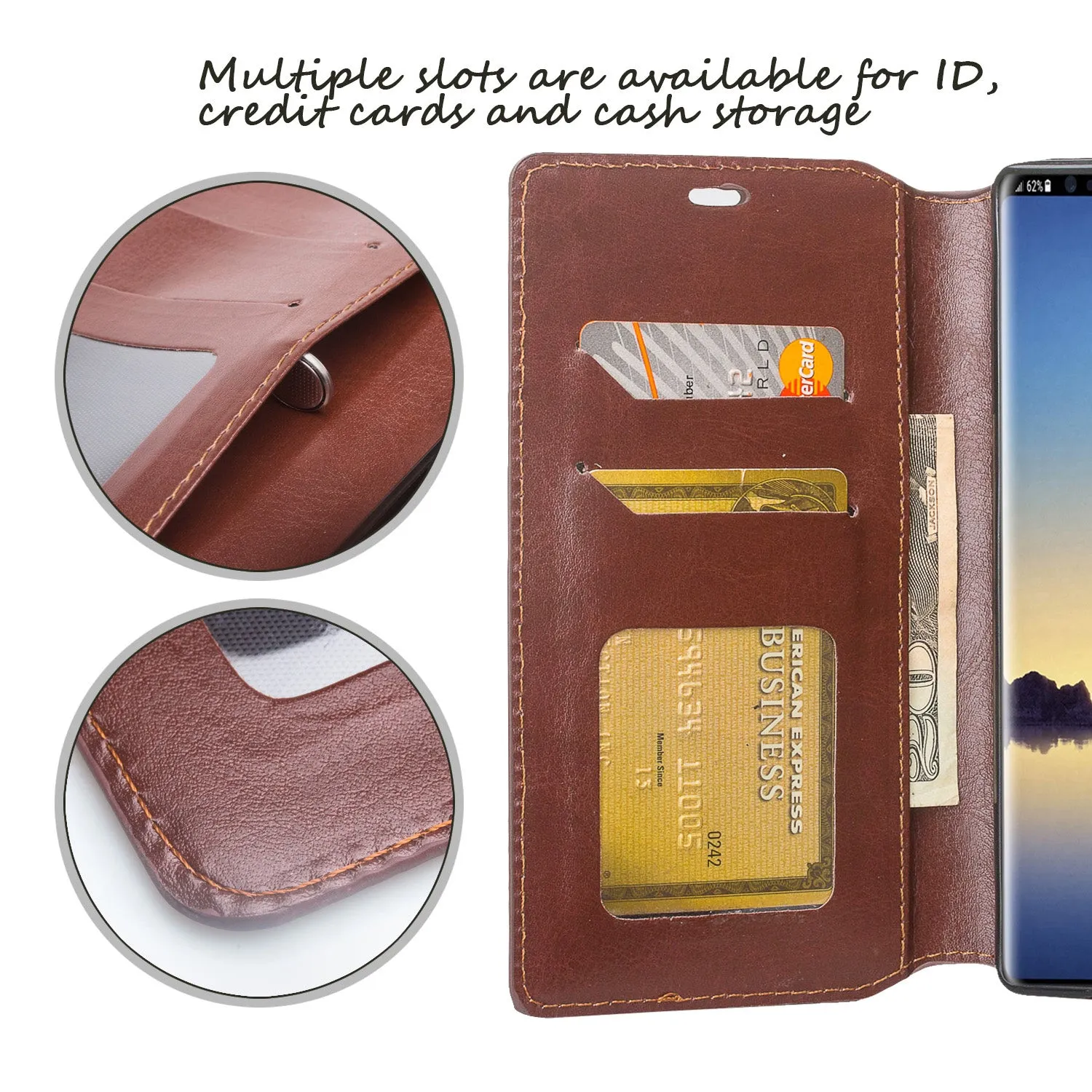 Samsung Galaxy Note 9 Case, SM-N960U, Slim Flip Folio [Kickstand] Pu Leather Wallet Case with ID & Card Slots & Pocket - Brown