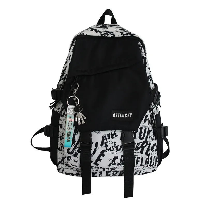 Schoolbag Men's  New Ins Korean Style Graffiti Backpack Large Capacity Early High Middle and Large School Bag Women's Fashion Backpack