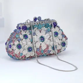 Silver Blue in Blues Floral Leaves Rhinestone Embellished Small Wedding Clutch, Statement Bag, Evening Wedding Clutch, Cross Body Bag