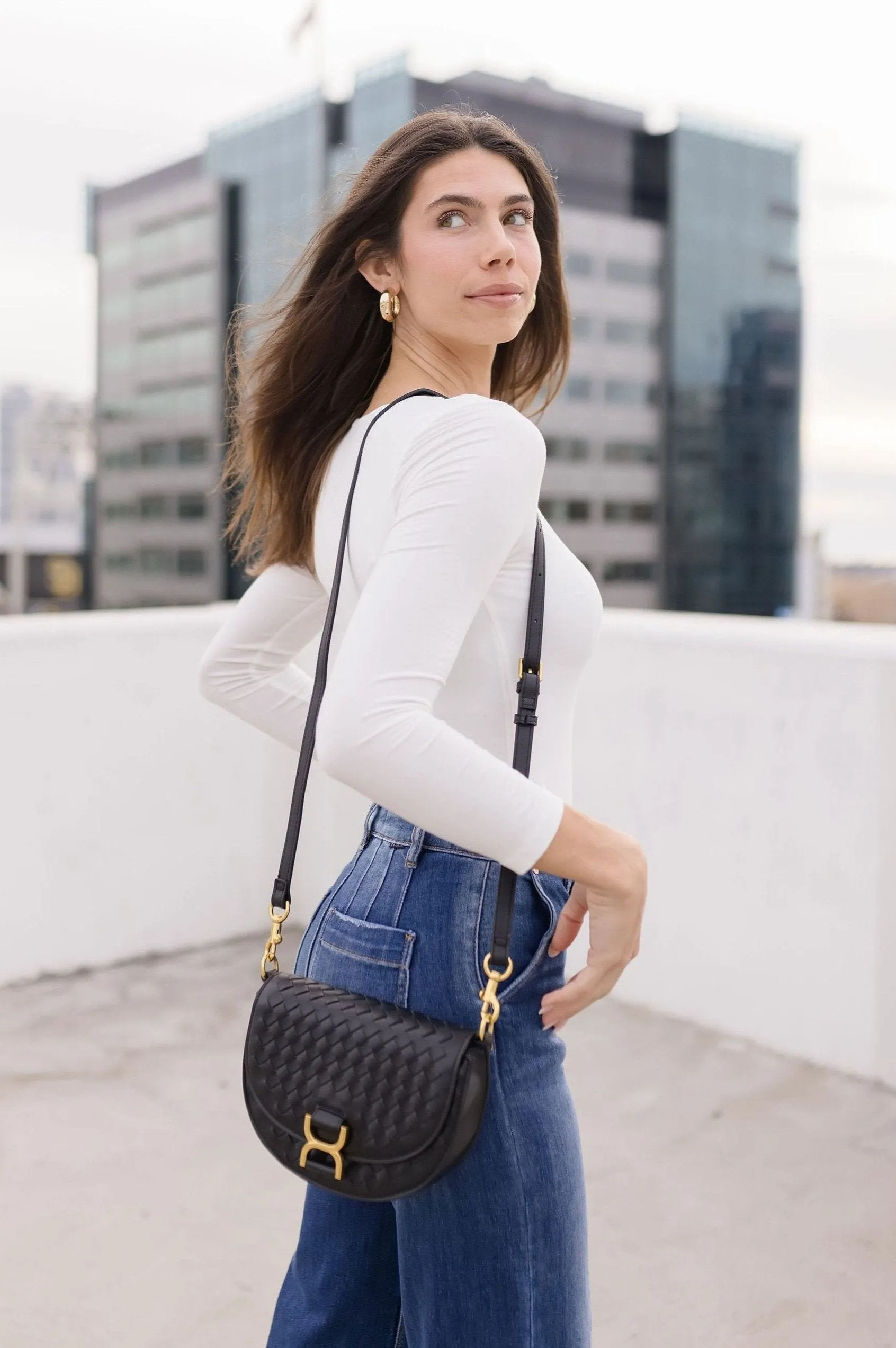 Skylar Faux Leather Woven Crossbody Purse Black