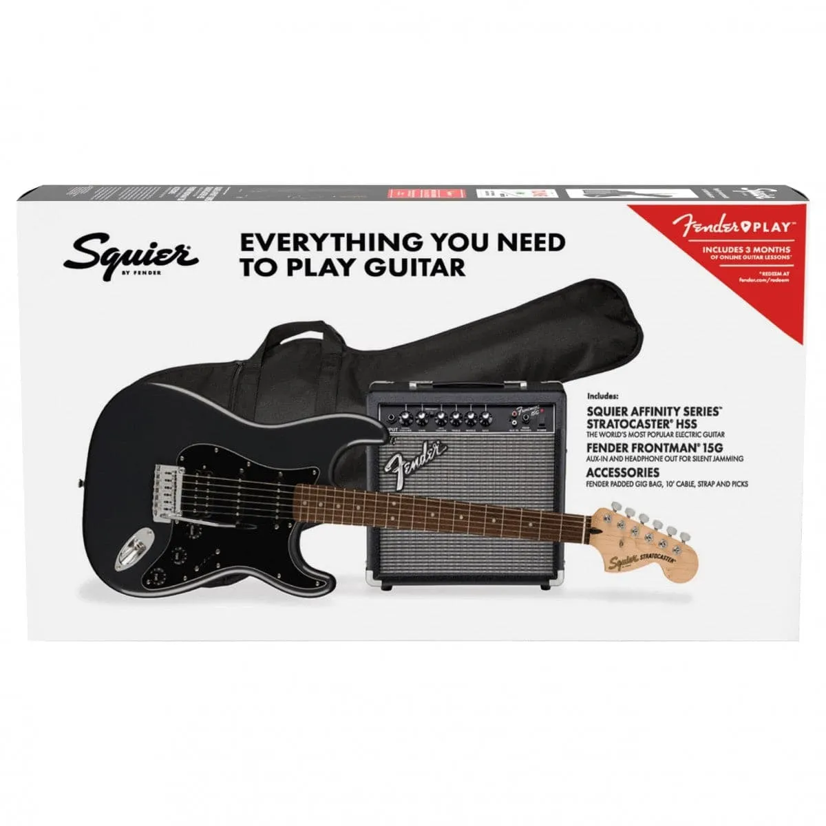 Squier Affinity Stratocaster Electric Guitar Package HSS - Guitar, Amp, Cable, Strap, Picks & Lessons - Charcoal Frost Metallic