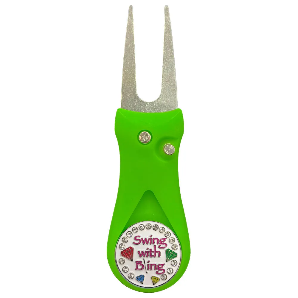 Swing With Bling (White) Golf Ball Marker With Colored Divot Repair Tool