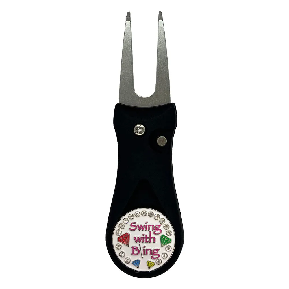 Swing With Bling (White) Golf Ball Marker With Colored Divot Repair Tool