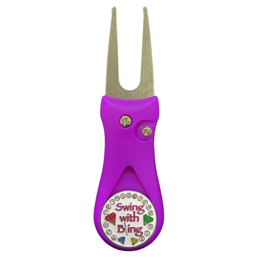 Swing With Bling (White) Golf Ball Marker With Colored Divot Repair Tool