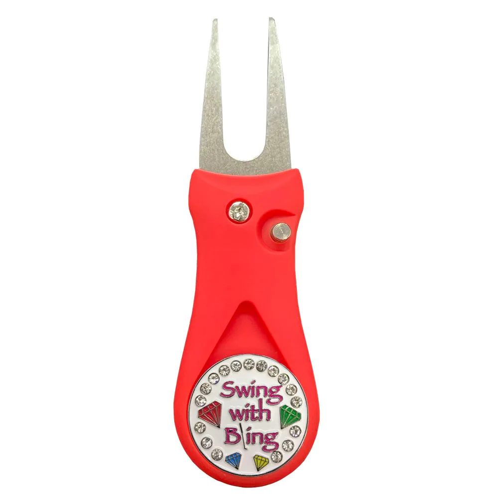 Swing With Bling (White) Golf Ball Marker With Colored Divot Repair Tool