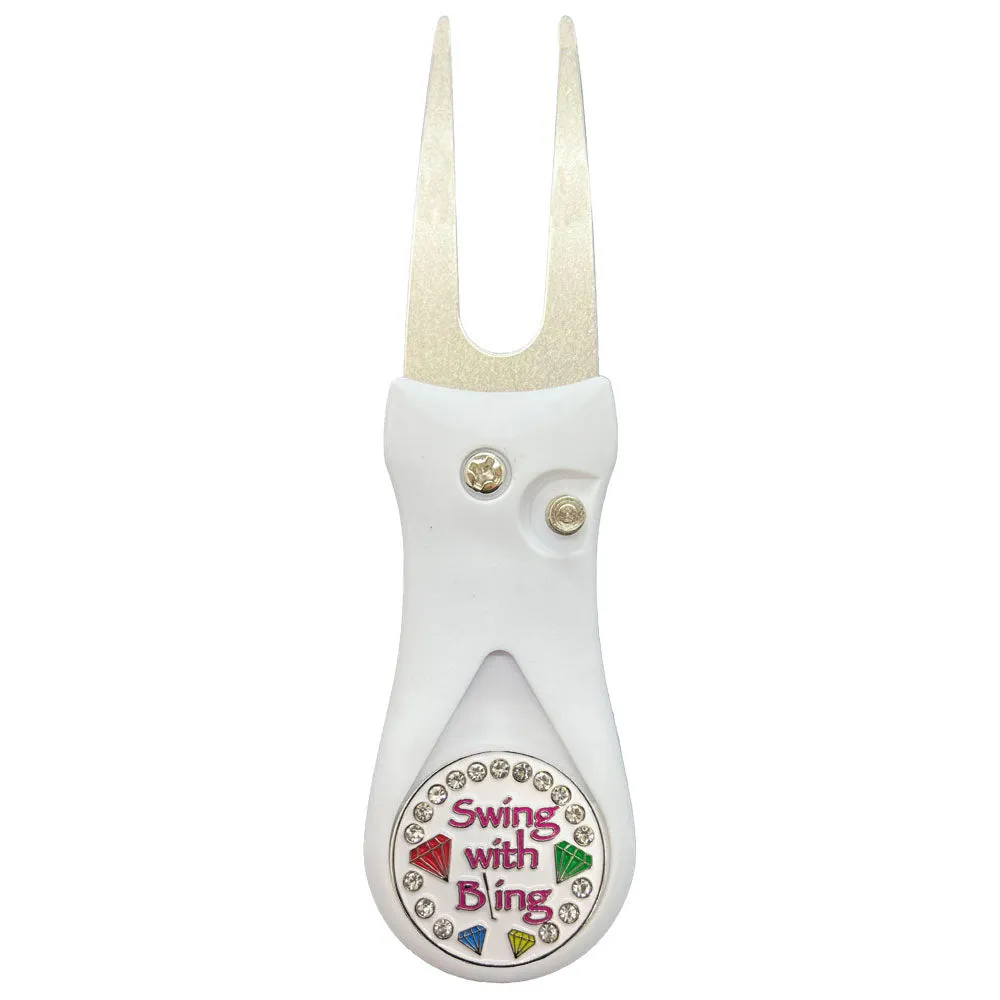 Swing With Bling (White) Golf Ball Marker With Colored Divot Repair Tool