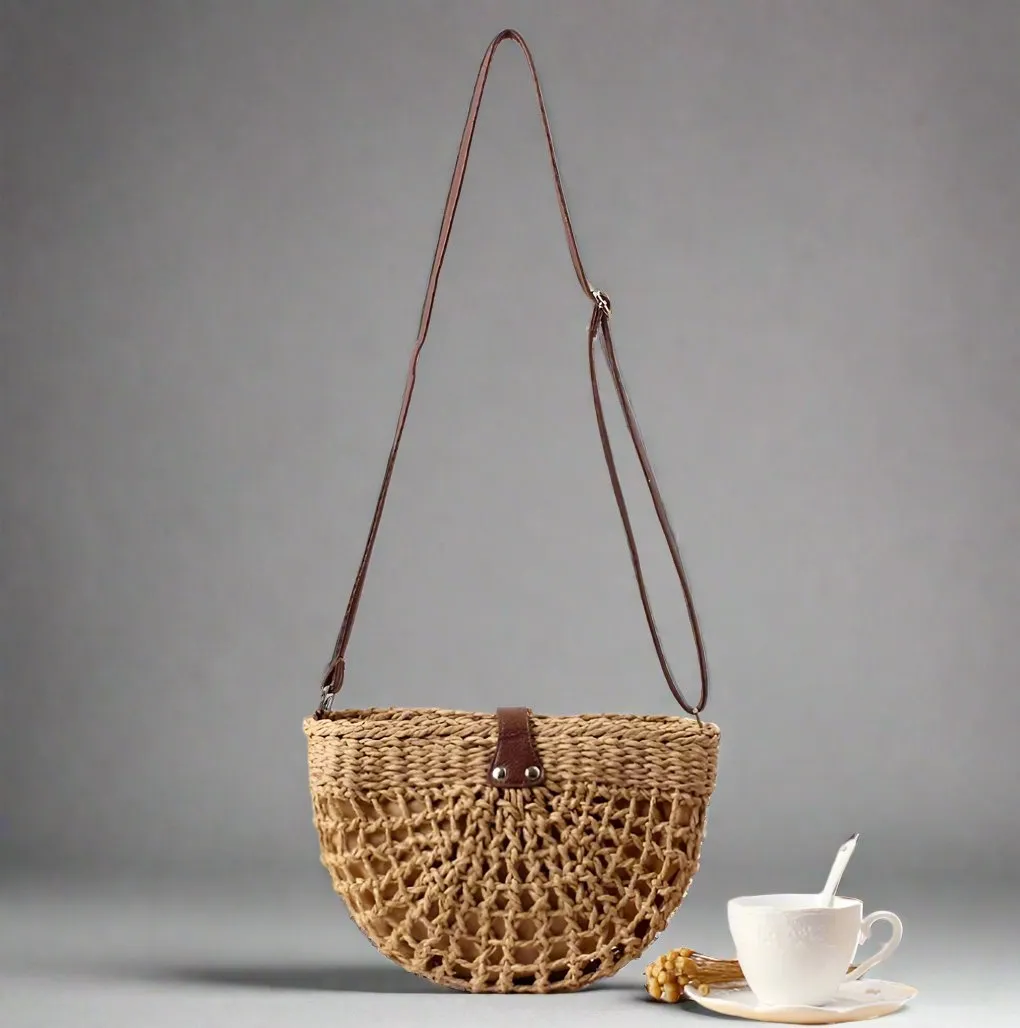 Trendy Wicker and Vegan Leather Crossbody Handbag