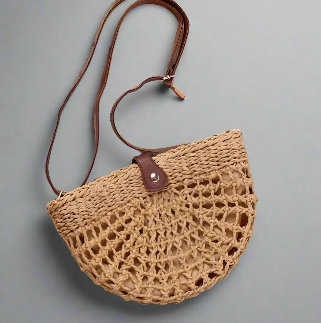 Trendy Wicker and Vegan Leather Crossbody Handbag