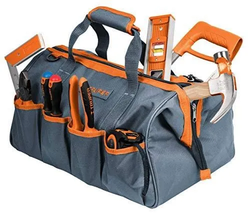 Truper Wide Mouth Tool Bag and Organizer for Home, Workshop, or Job Site, Non-slip Bottom with Pockets, Padded Handle, Adjustable Shoulder Strap 17103