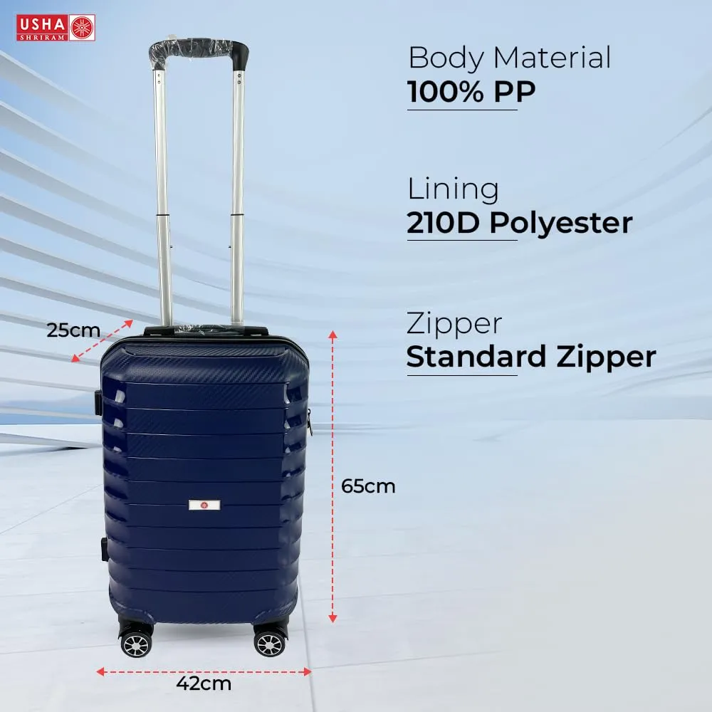 USHA SHRIRAM Polypropylene (Check-in Bag) 24 inch Luggage Bag (65cm) |Trolley Suitcase for Travel | Travel Luggage for Men Women |360 Wheel | Travel Bags for Luggage Trolley Carry On Suitcase (Blue)