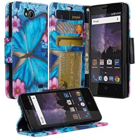 ZTE Majesty Pro, Majesty Pro Plus, Tempo Cover, Pu Leather Magnetic Fold[Kickstand] Wallet Case with ID & Card Slots - Blue Butterfly