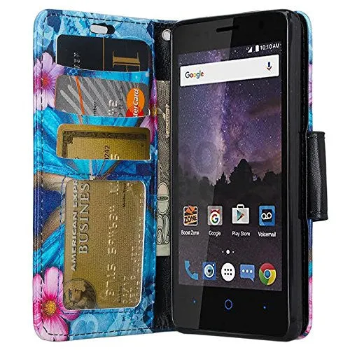 ZTE Majesty Pro, Majesty Pro Plus, Tempo Cover, Pu Leather Magnetic Fold[Kickstand] Wallet Case with ID & Card Slots - Blue Butterfly