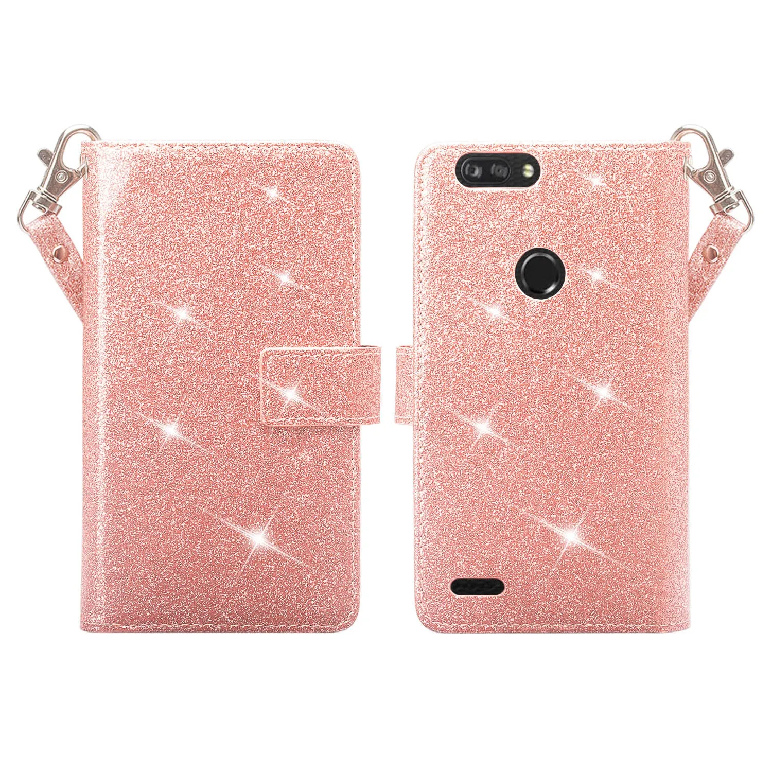 ZTE Sequoia Case, Blade Z Max, ZTE Z982 Case, [Wrist Strap] Glitter Faux Leather Flip [Kickstand Feature] Protective Wallet Case Clutch - Rose Gold